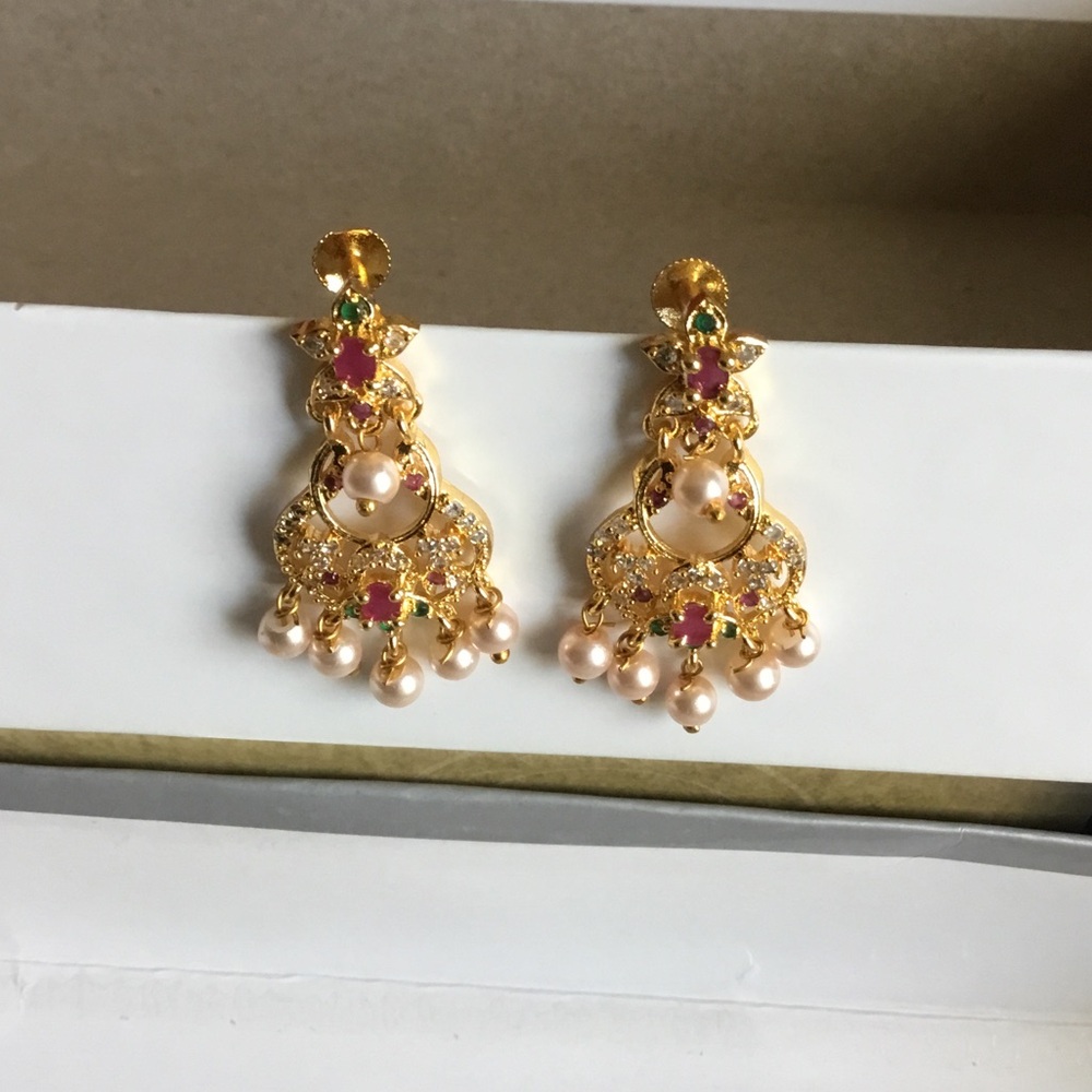 Gold Plated Pink Pearl Drop Earrings with Pink and Green Accents